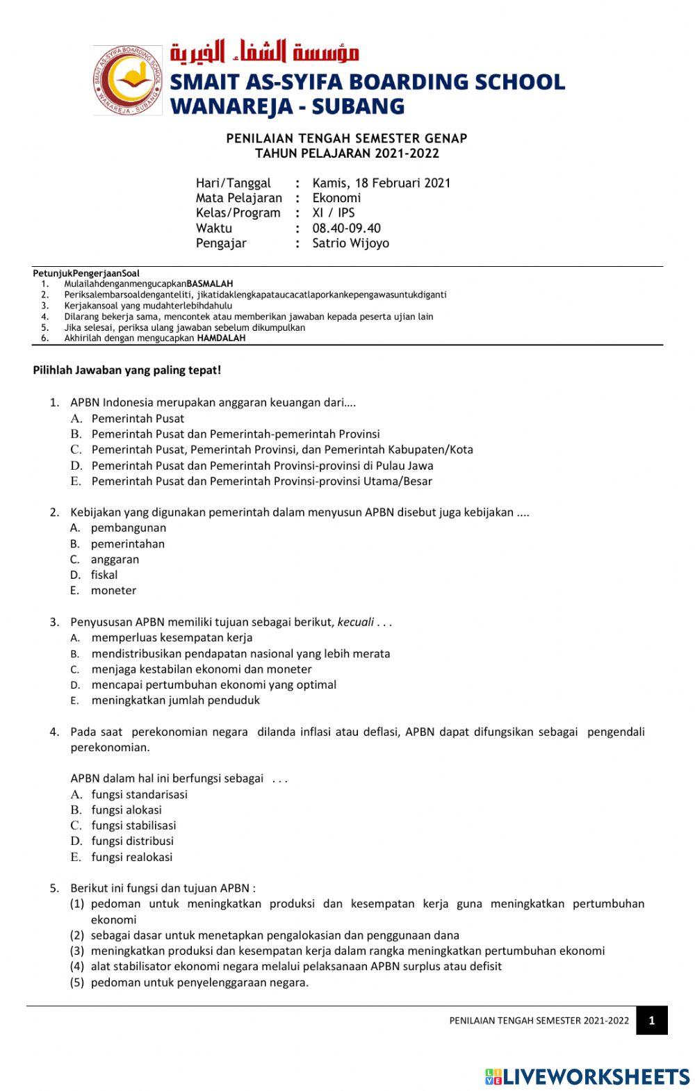 PTS Ekonomi Semester 2 Kelas XI