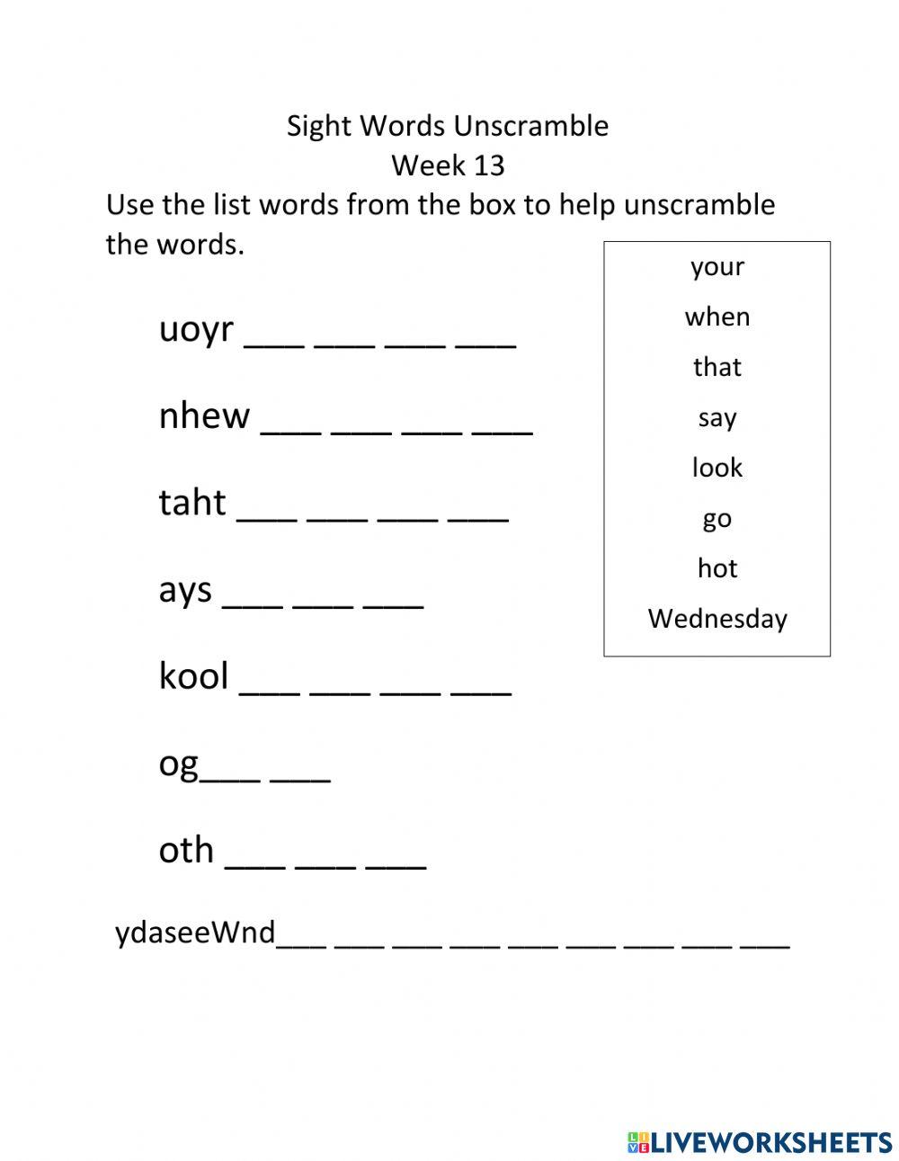 Sight Words Unscramble Week 13