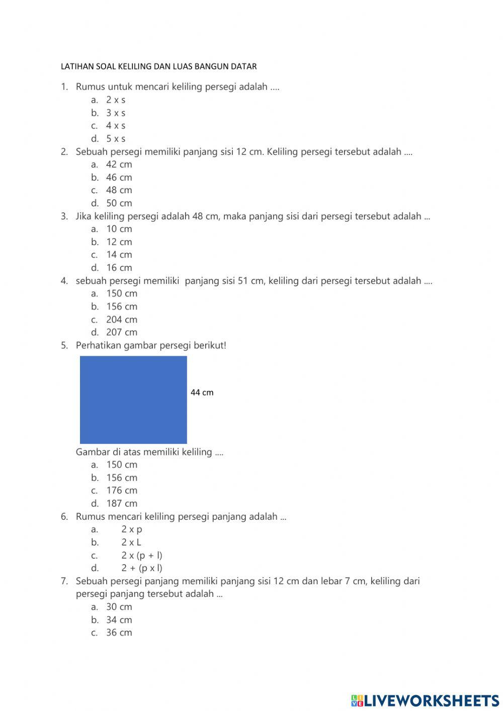 Latihan Soal Matematika Keliling dan Luas Bangun Datar 1