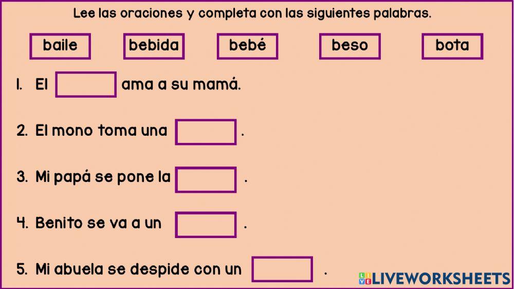 Lee las oraciones y completa con la palabra correspondiente