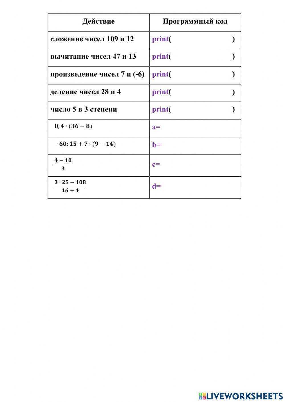 Арифметические действия interactive worksheet | Live Worksheets