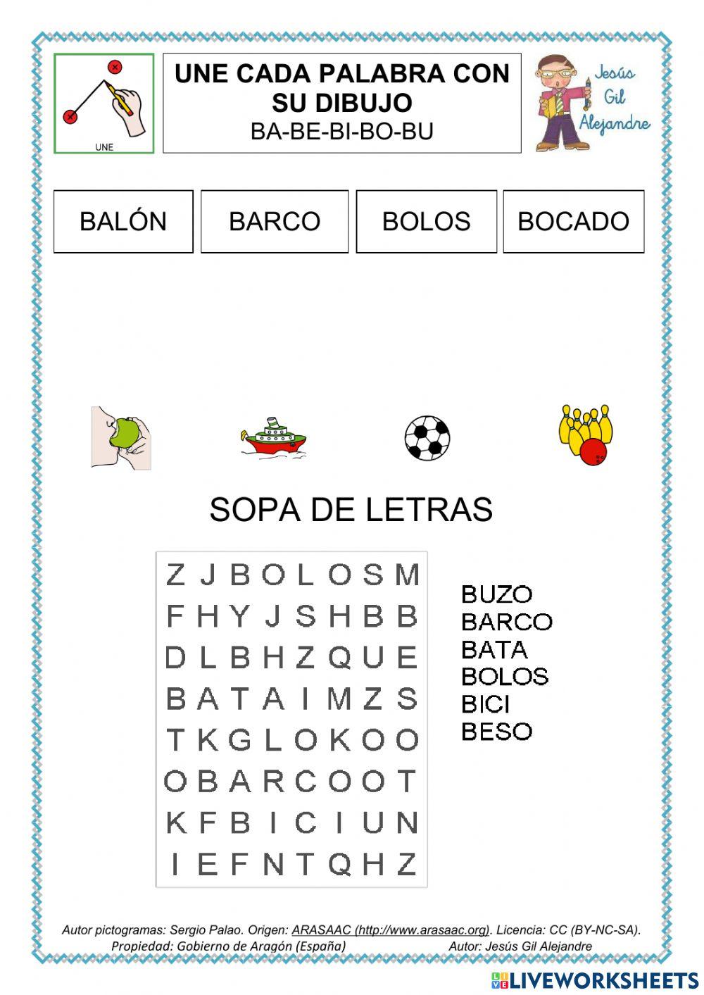 Lee y une y sopa de letras palabras con b