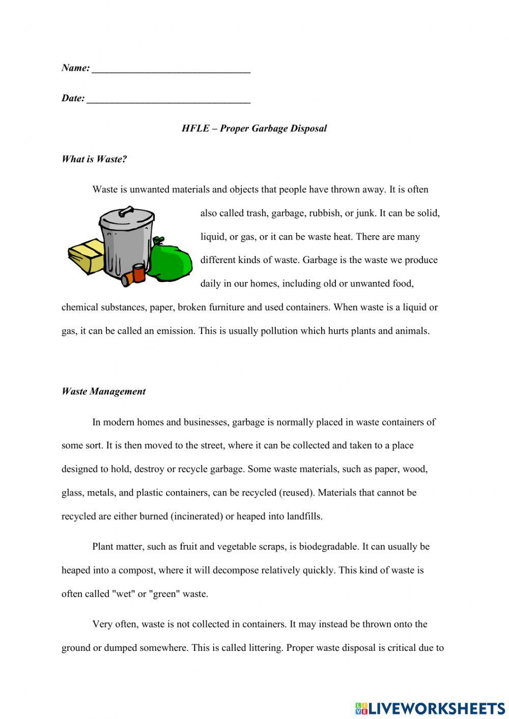 Proper Garbage Disposal online exercise for | Live Worksheets