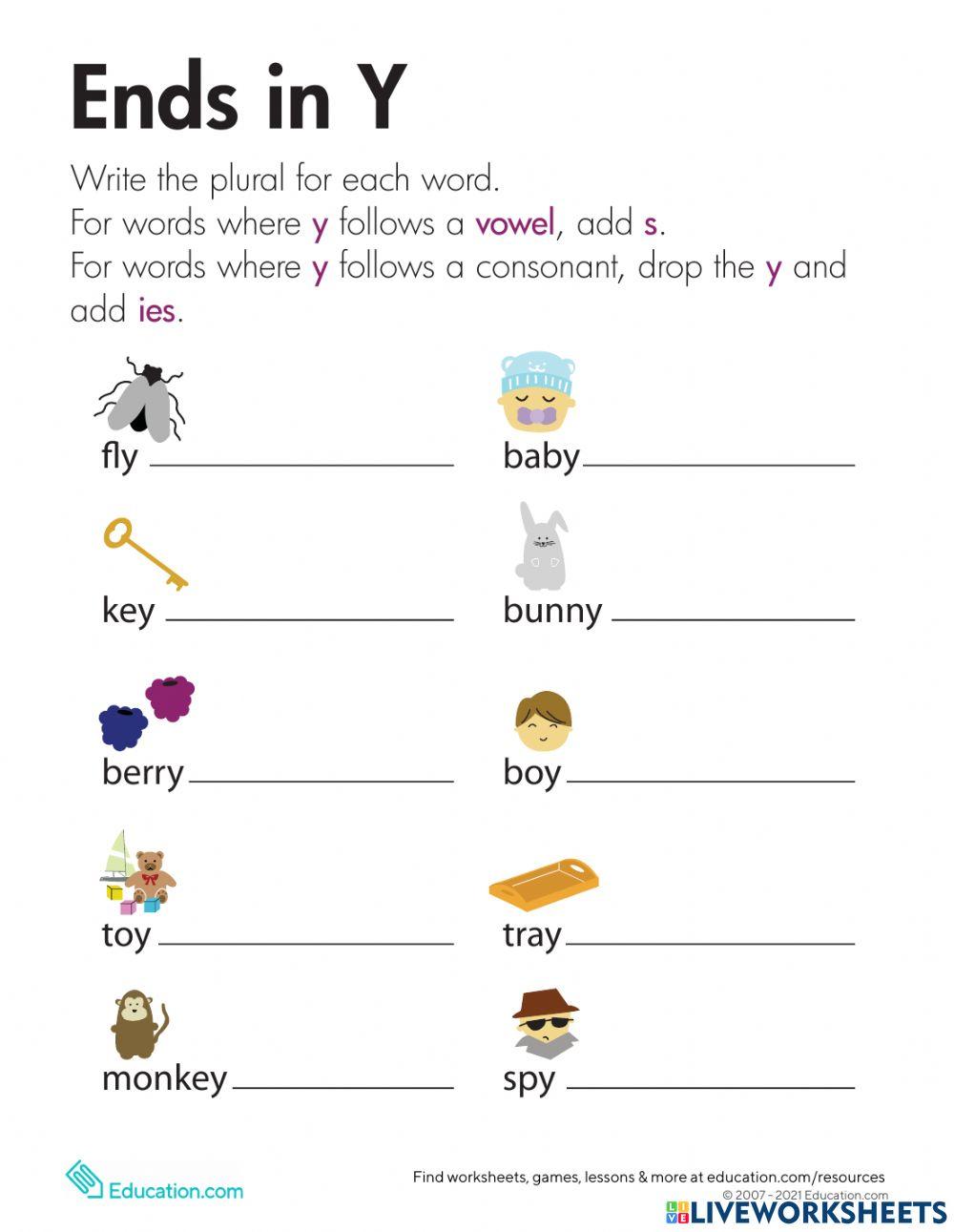 Reviewing plural nouns- consonant y and vowel y online exercise for ...