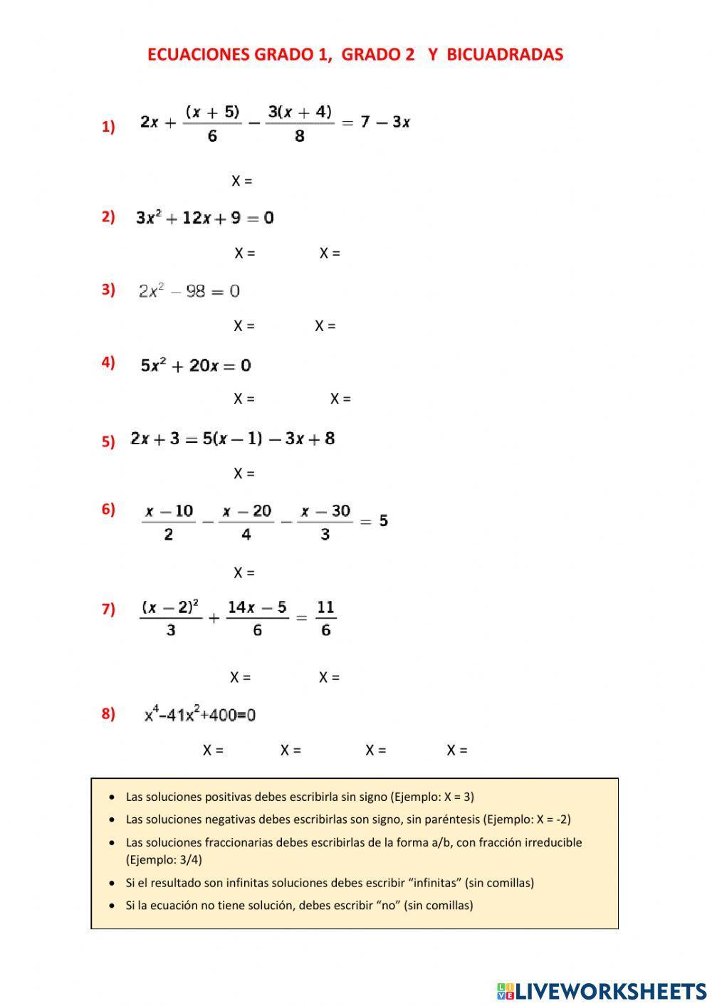 Ecuaciones primer grado, segundo grado y bicuadradas
