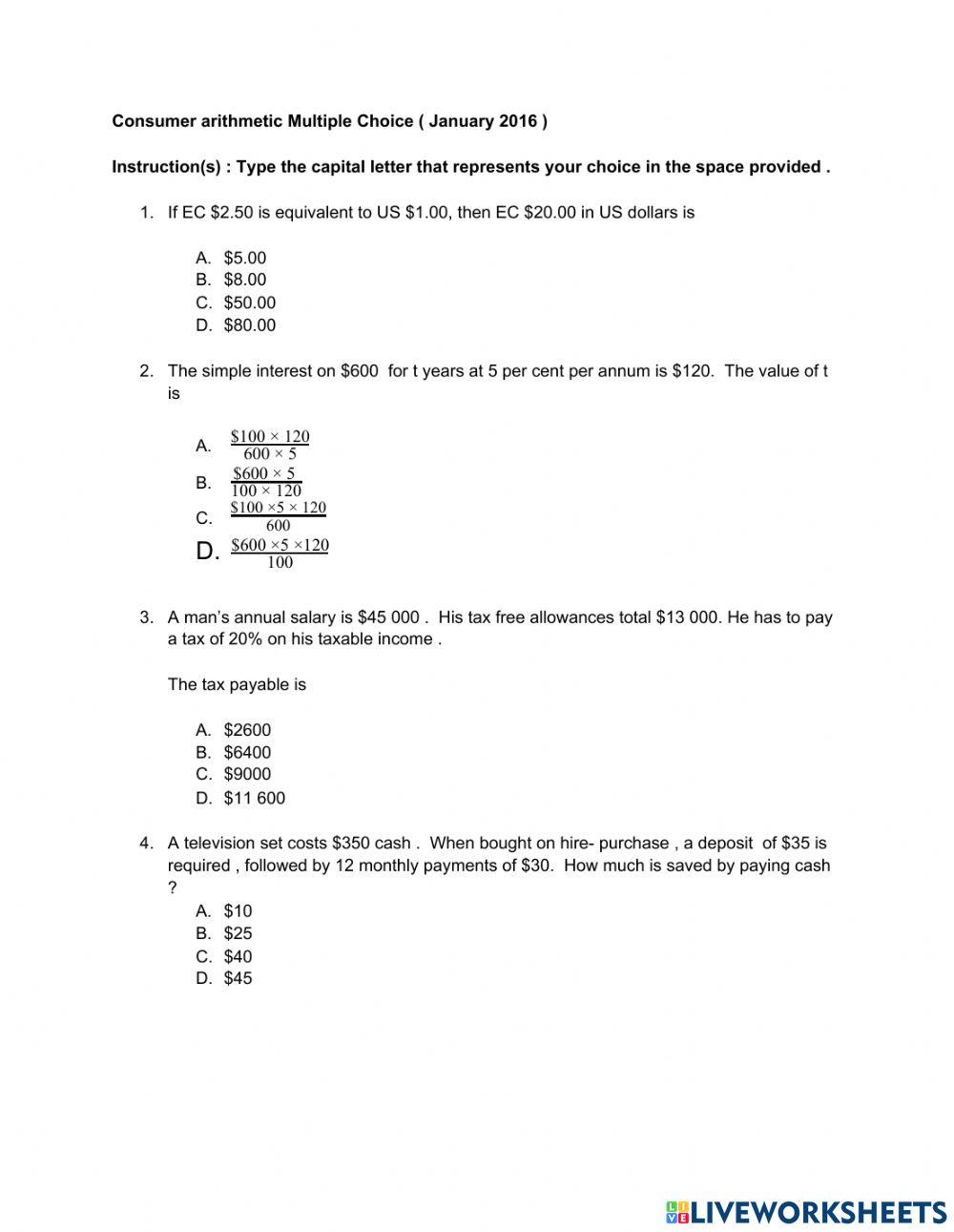 Consumer arithmetic Multiple Choice ( January 2016 )