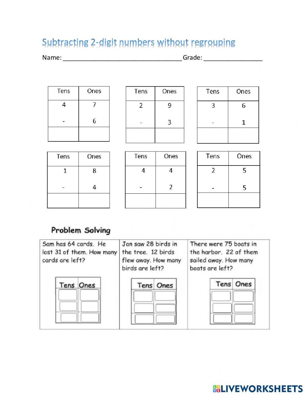 Subtracting 2-digit numbers without regrouping