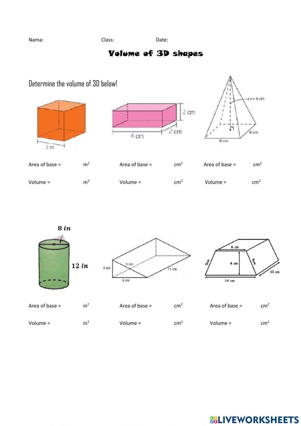 Volume of 3D Shapes interactive worksheet | Live Worksheets Volume of 3D Shapes interactive worksheet | Live Worksheets