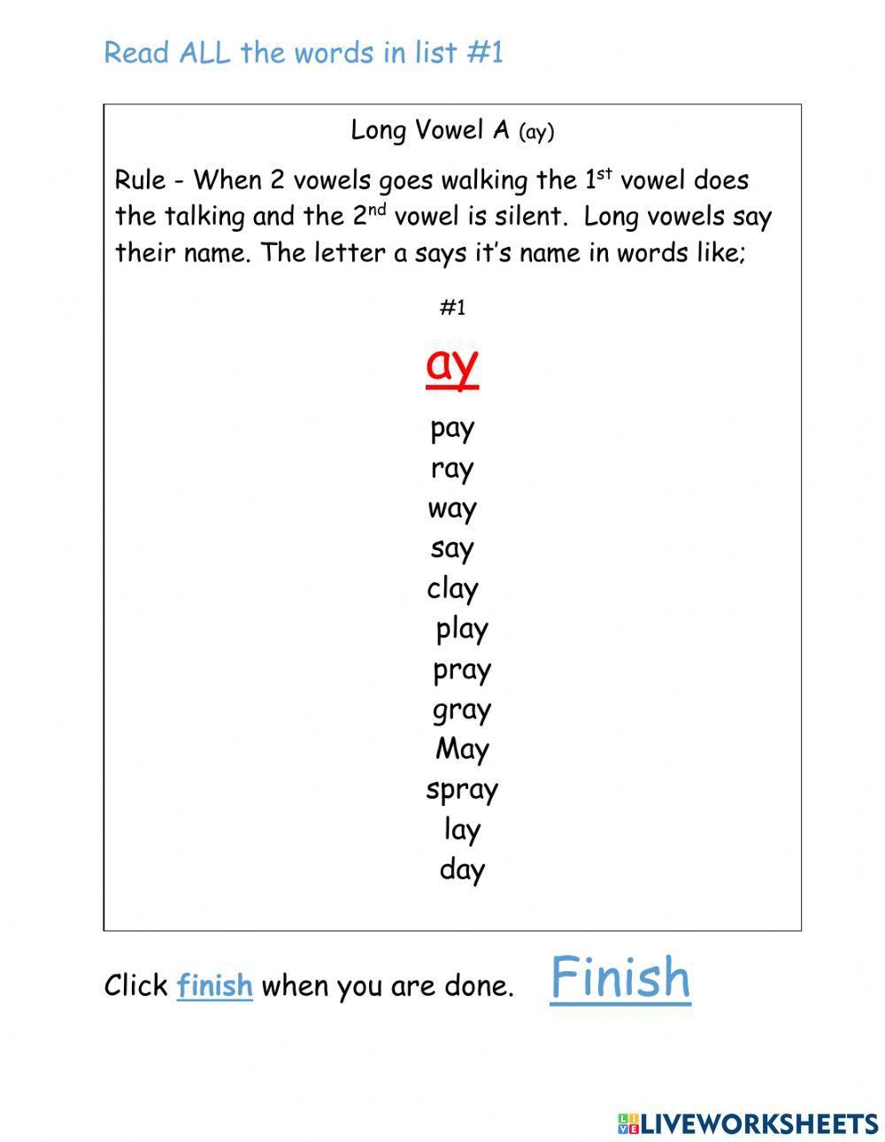 Long vowel a -AY- word list