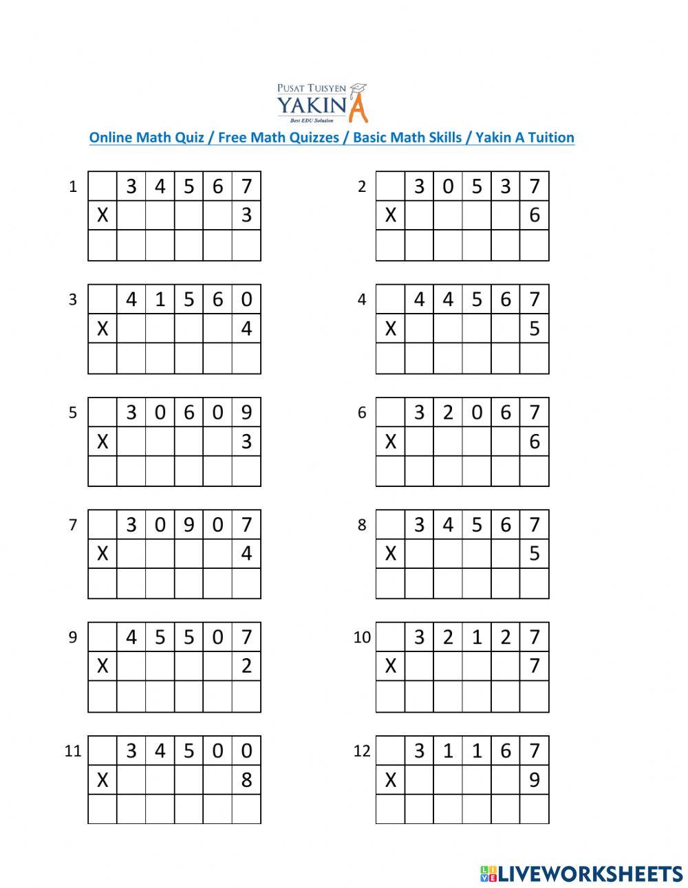Mathematic Multiplication Quiz worksheet Live Worksheets