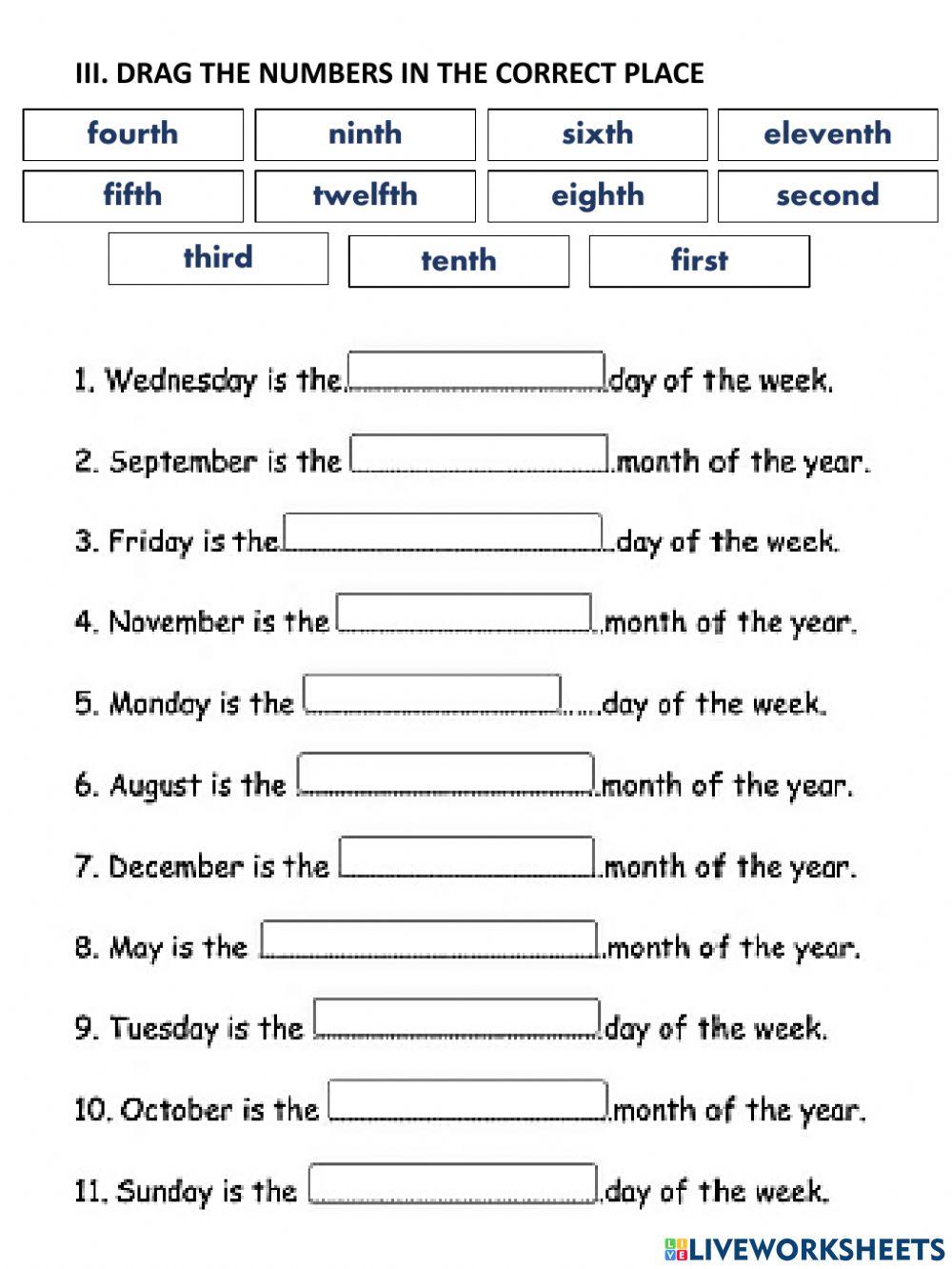 Ordinal numbers Days and months