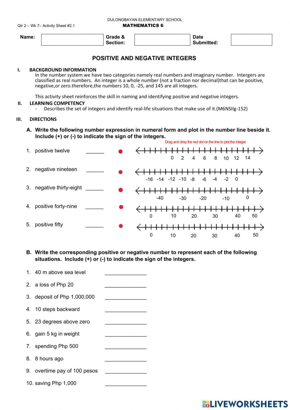 Positive and Negative Integers online exercise for | Live Worksheets