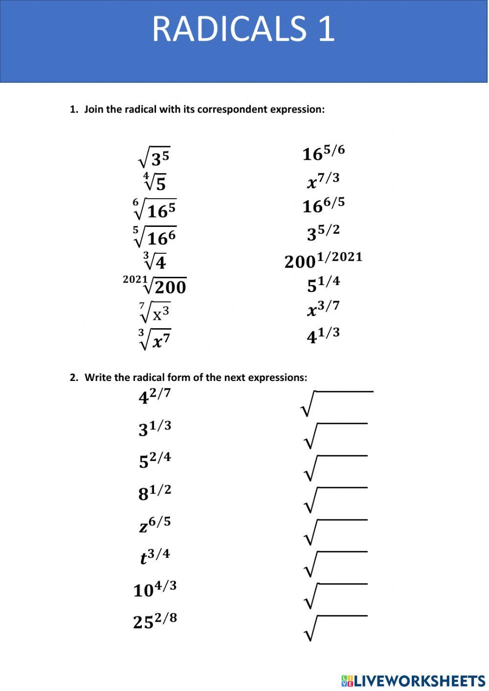 Simplificação de radicais interactive worksheet