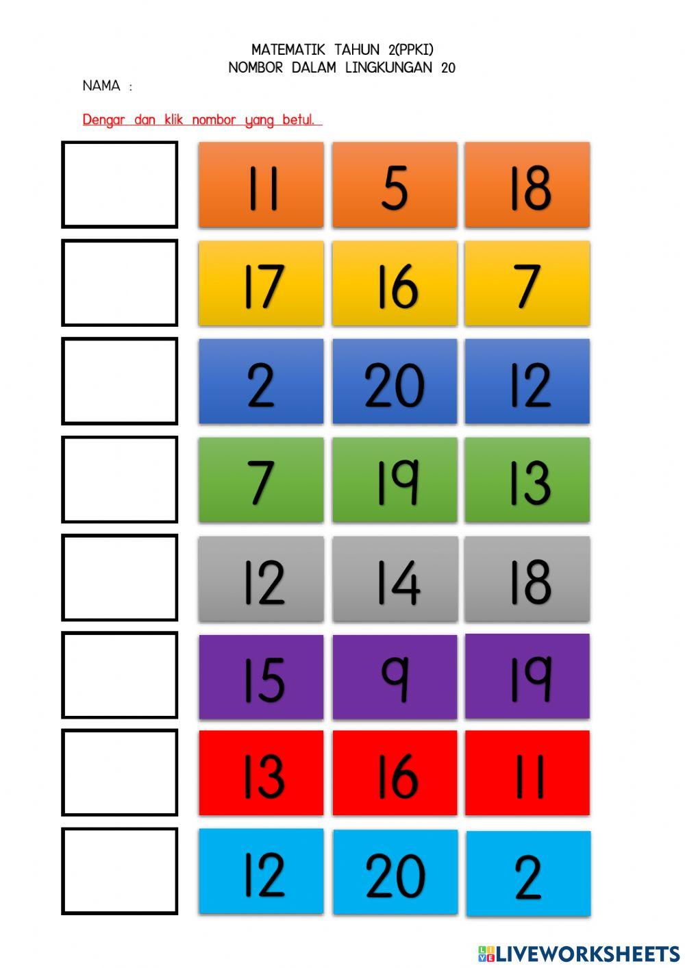 Nombor dalam lingkungan 20