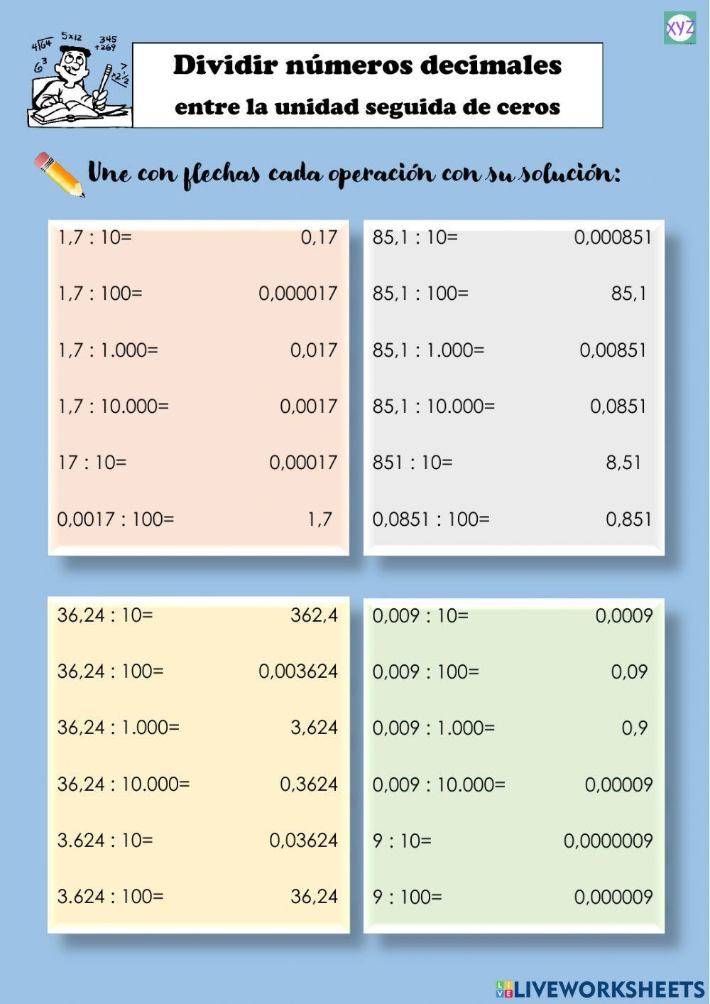 Dividir números decimales entre la unidad seguida de ceros.