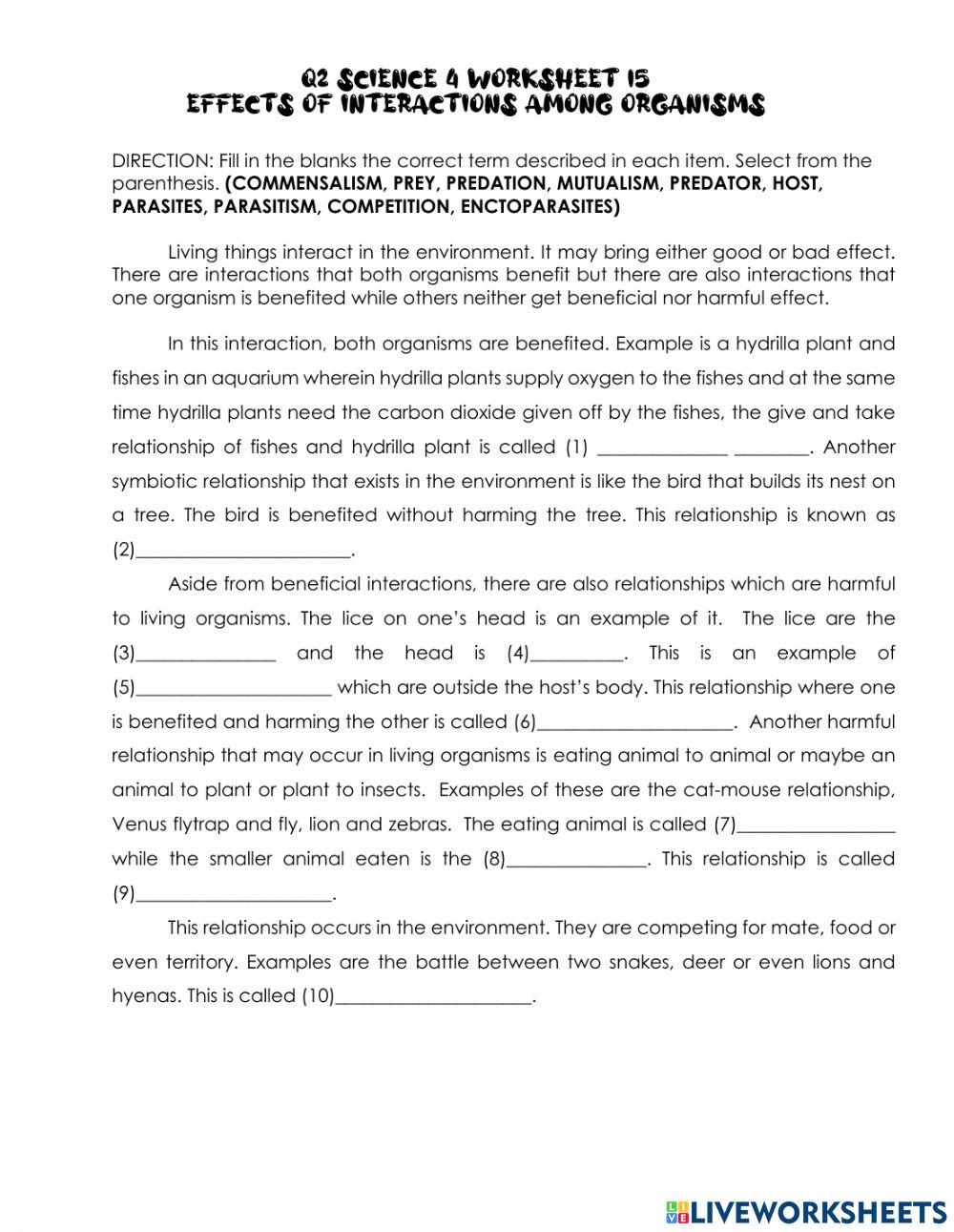 Q2 Scie 4 Worksheet 15 Effects of interactions Among Organisms online