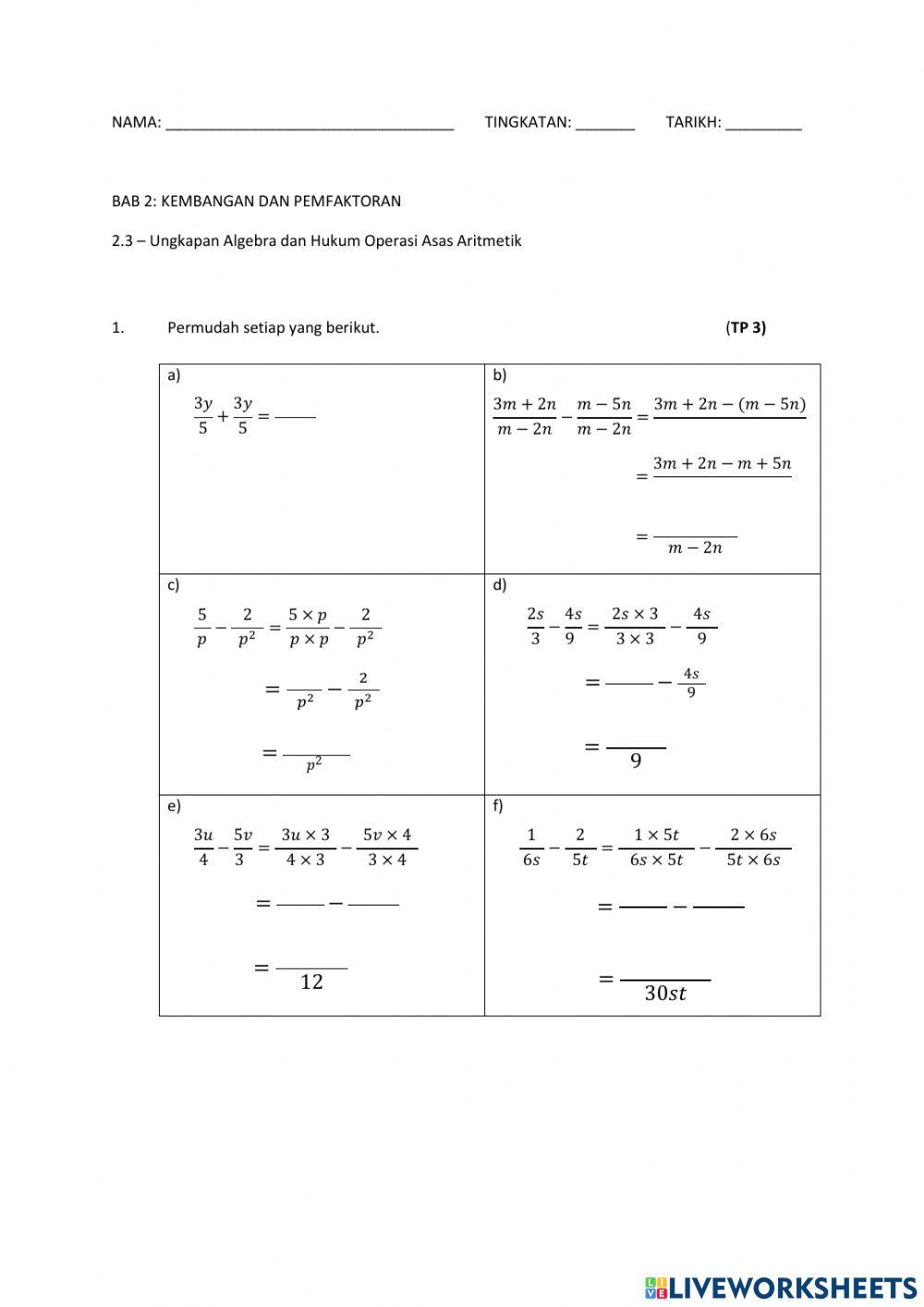 Penambahan dan penolakan pecahan algebra
