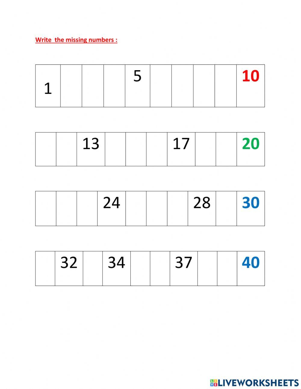 Missing numbers up to 40 worksheet | Live Worksheets