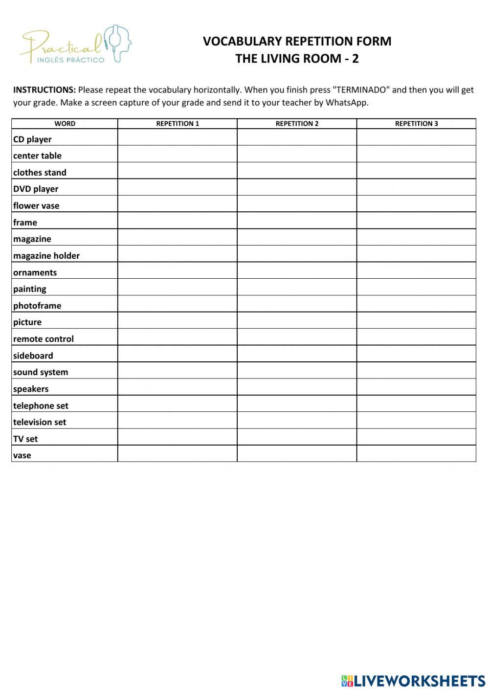 Vocabulary repetition form - the living room - 2