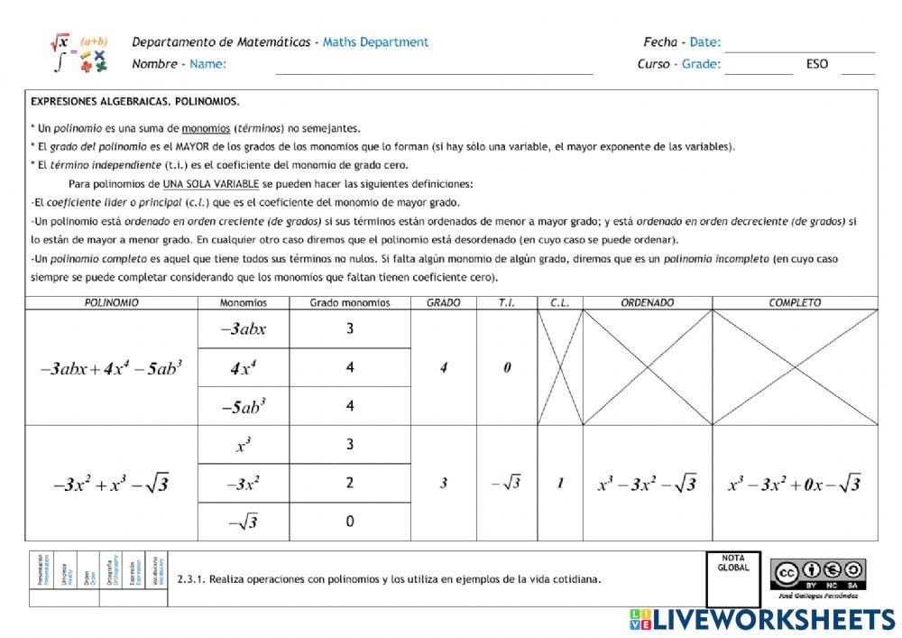 Polinomios. Operaciones elementales