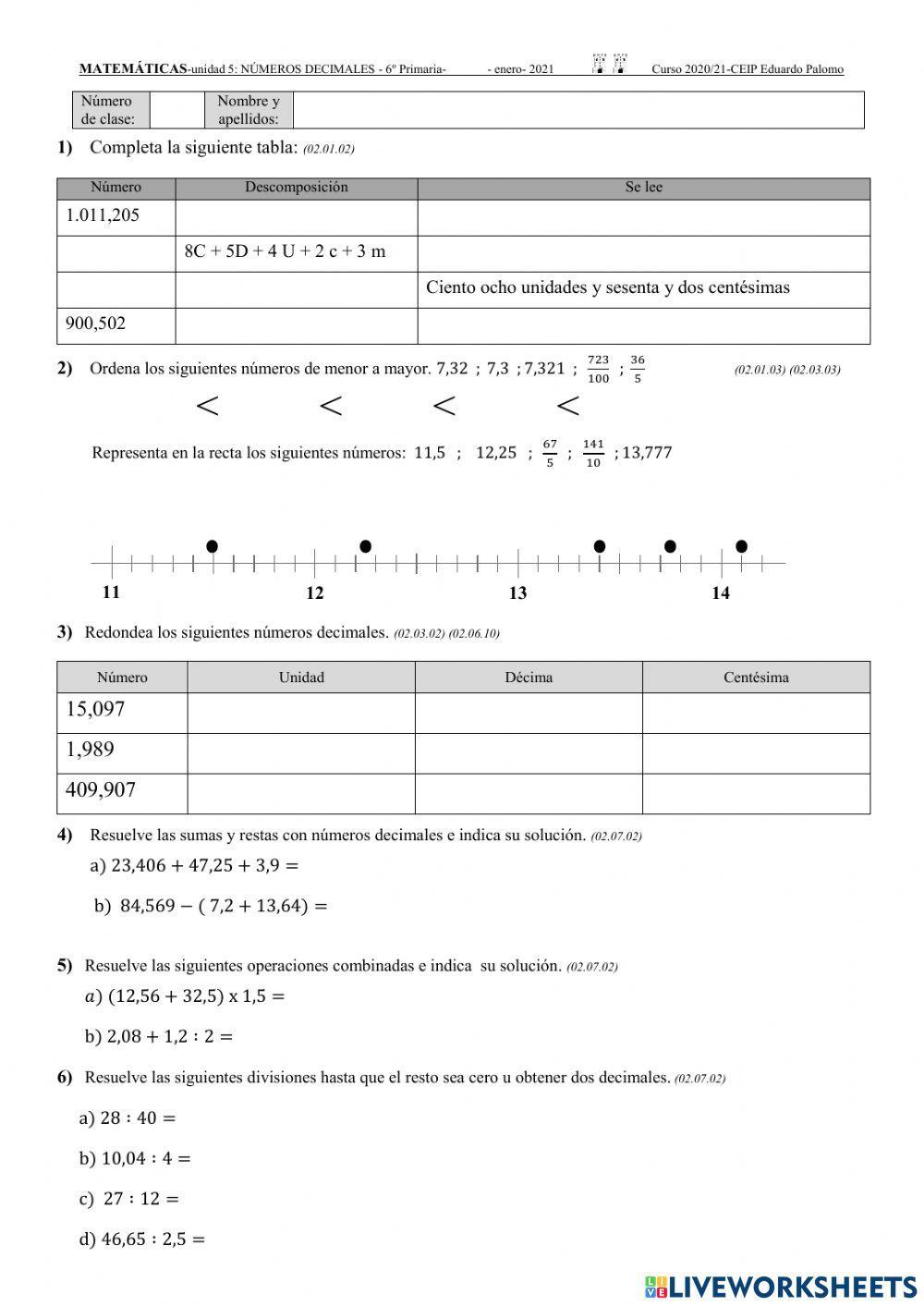 Control sobre los números decimales.