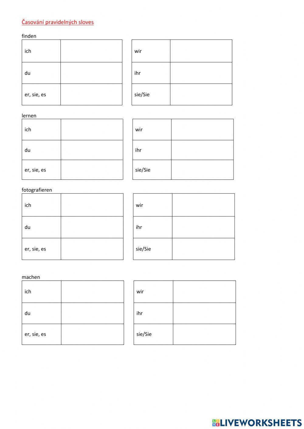Časování sloves:machen, finden, fotografieren