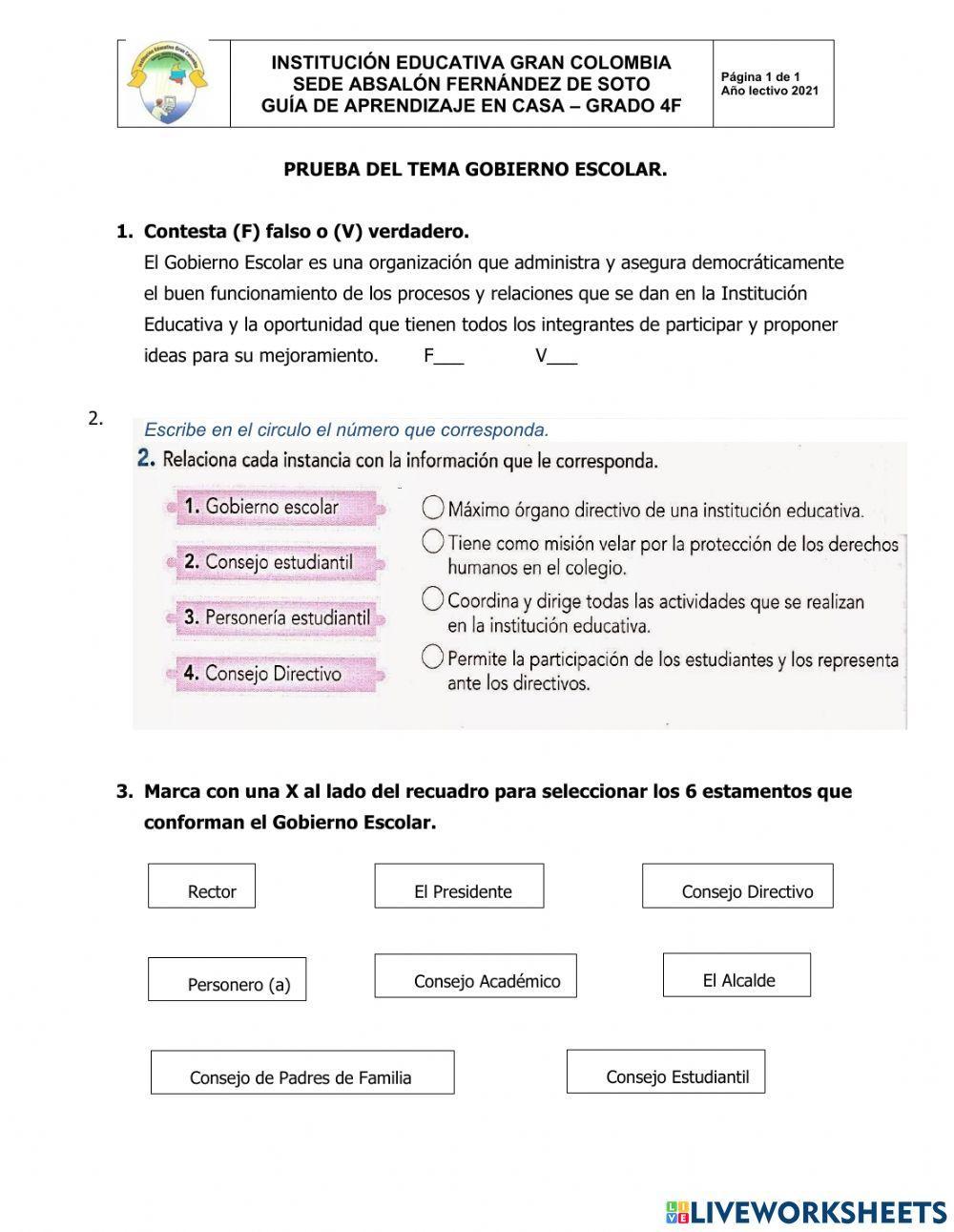 PRUEBA SOCIALES GOBIERNO ESCOLAR GRADO 4F
