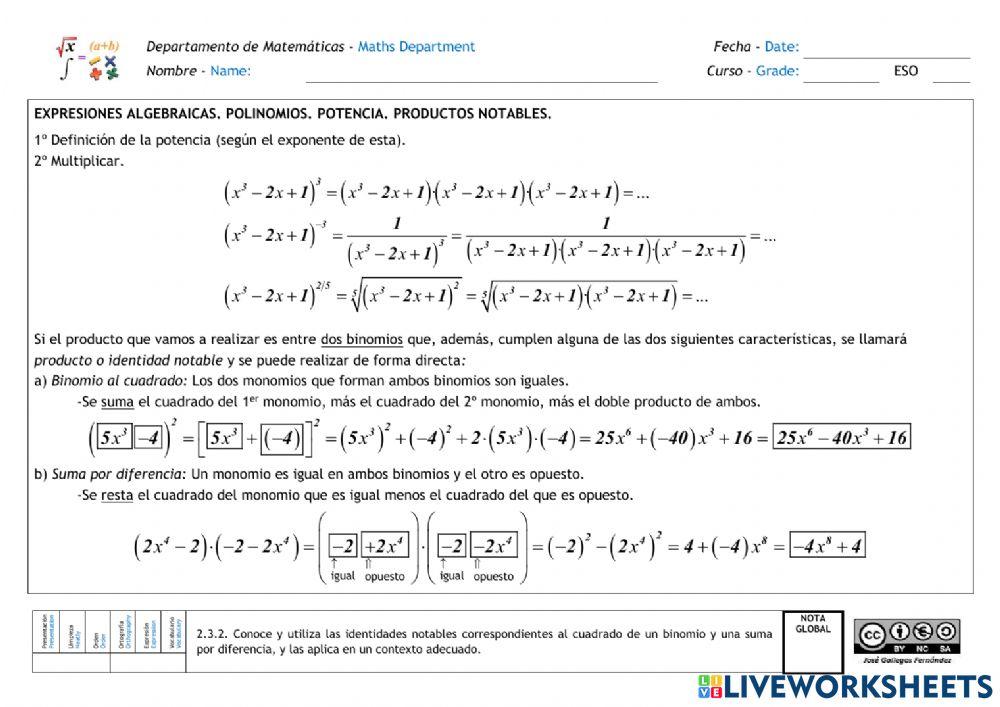 Polinomios. Operaciones. Productos notables