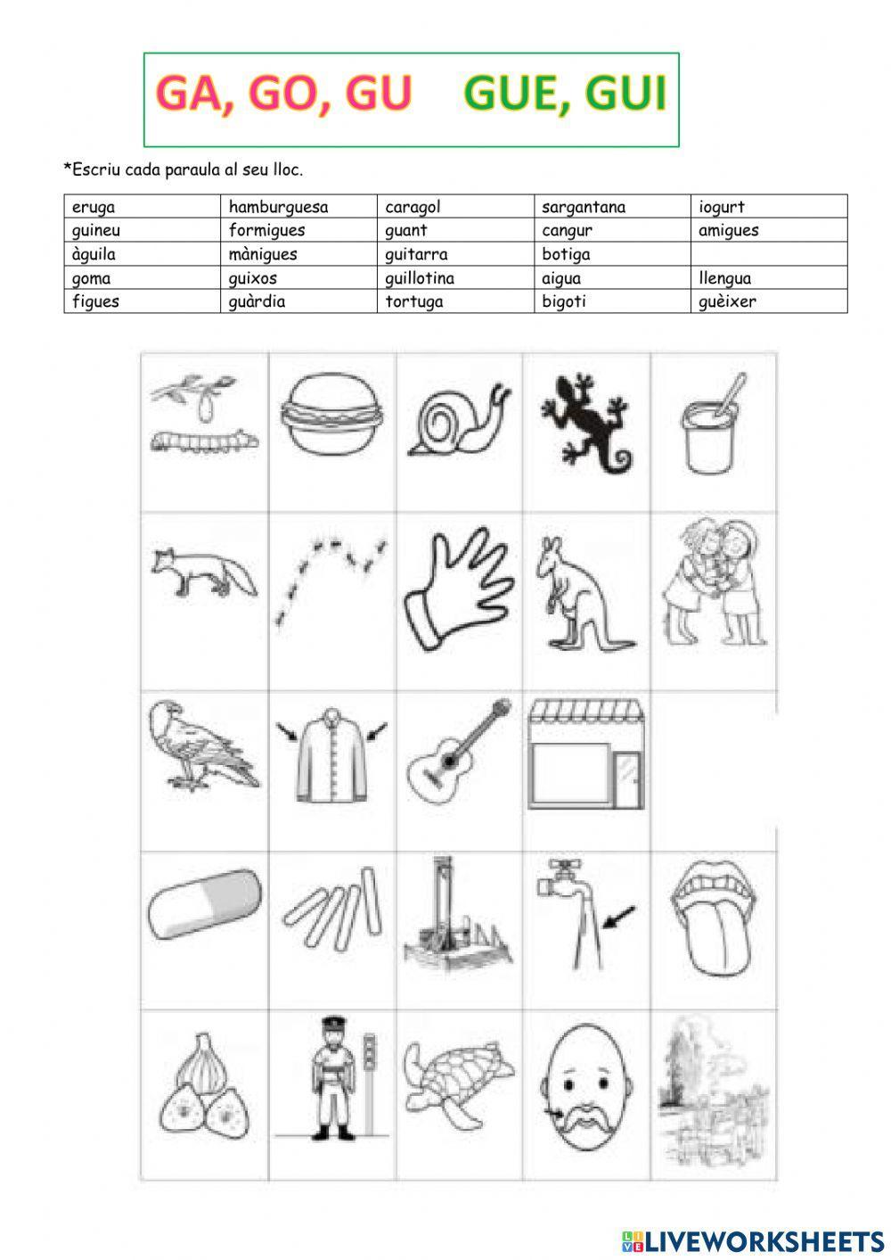 Paraules mab GA, GO, GU, GUE, GUI