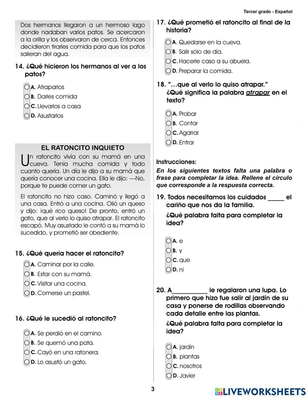 Prueba Diagnostica Español 3er grado