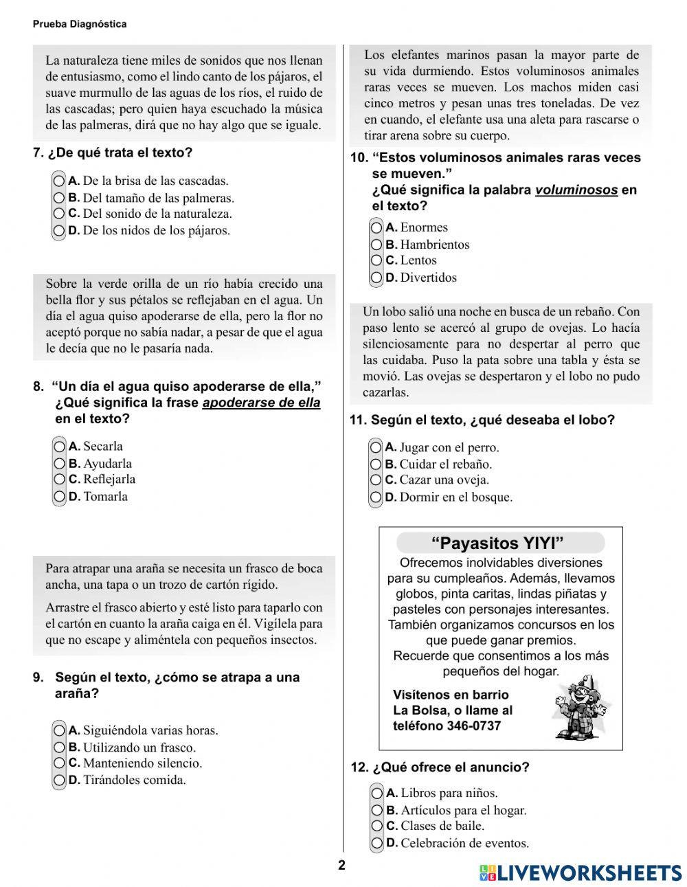 Prueba Diagnostica Español 5to grado