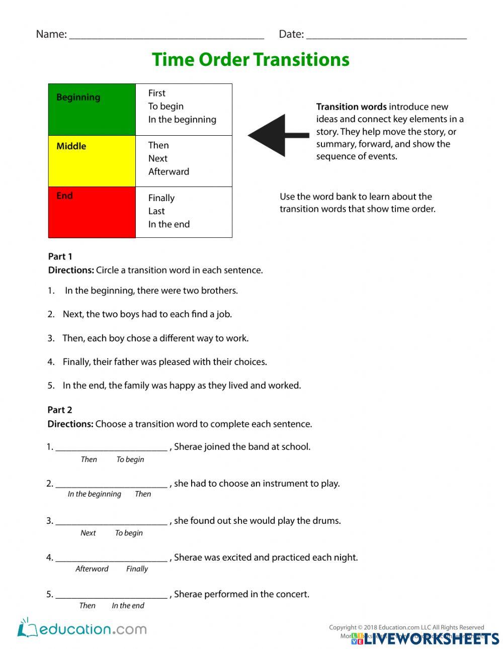 Time order transition words online exercise for live worksheets