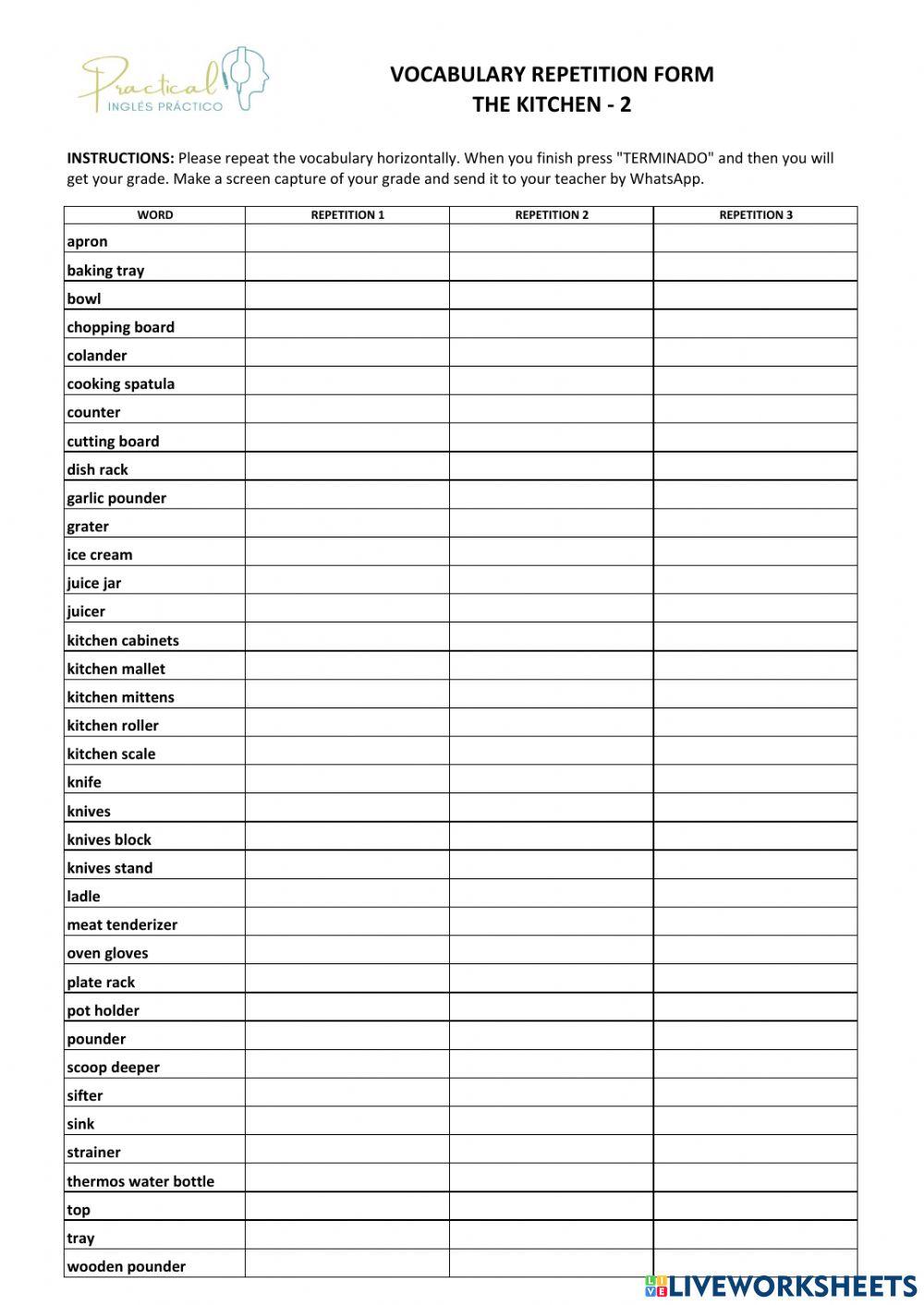 Vocabulary repetition form - the kitchen - 2