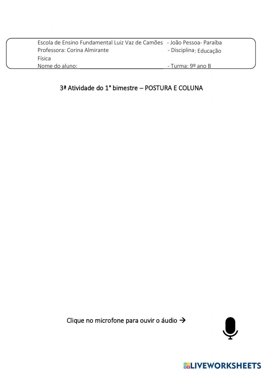 3ª Atividade do 1° bimestre – POSTURA E COLUNA 9° Ano