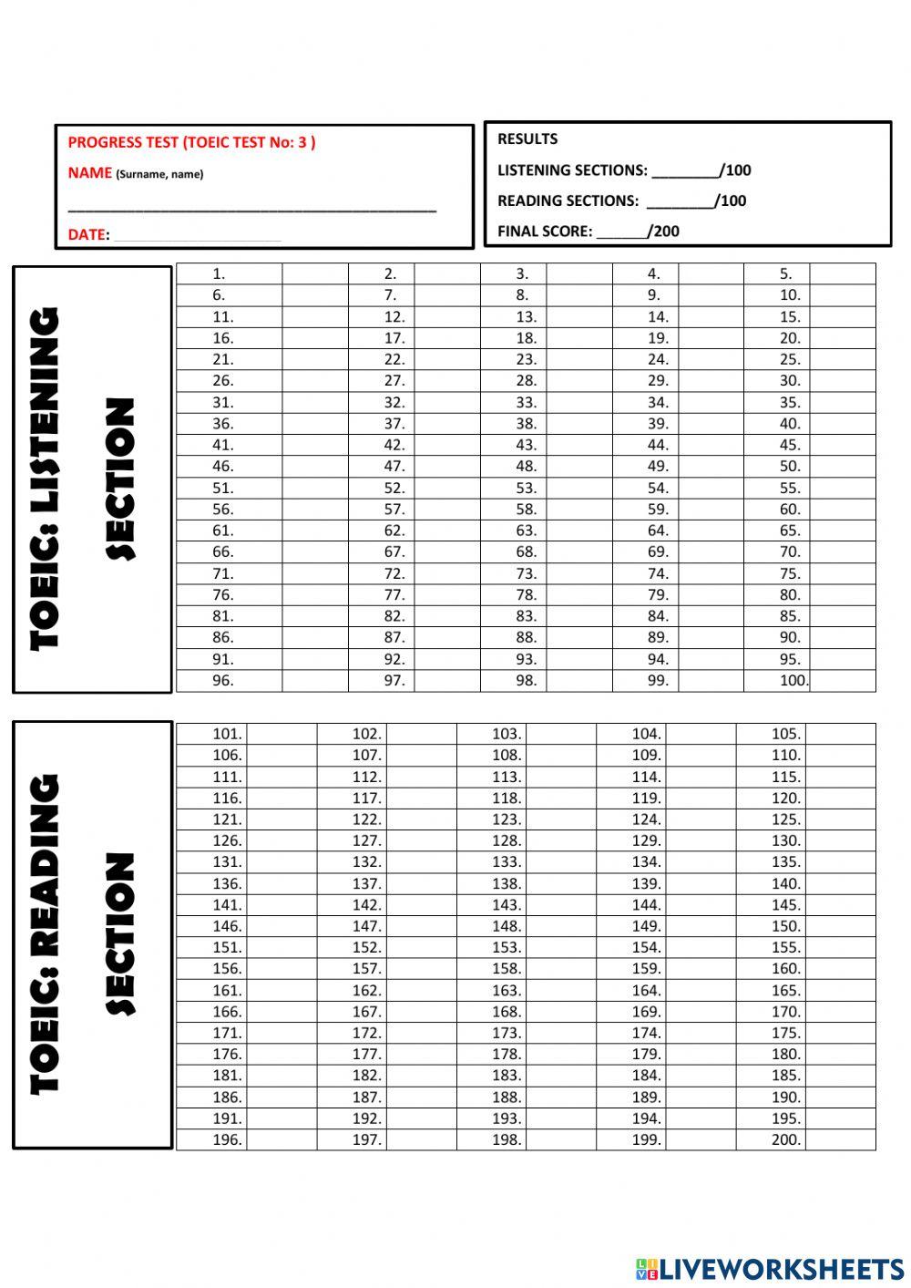 ANSER SHEET: Toeic list and reading