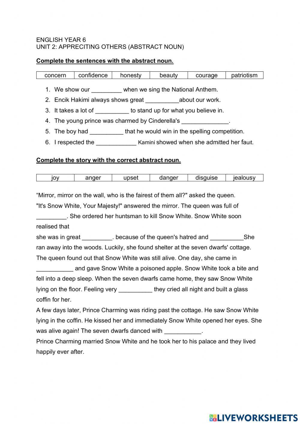Unit 2 abstract noun worksheet Live Worksheets