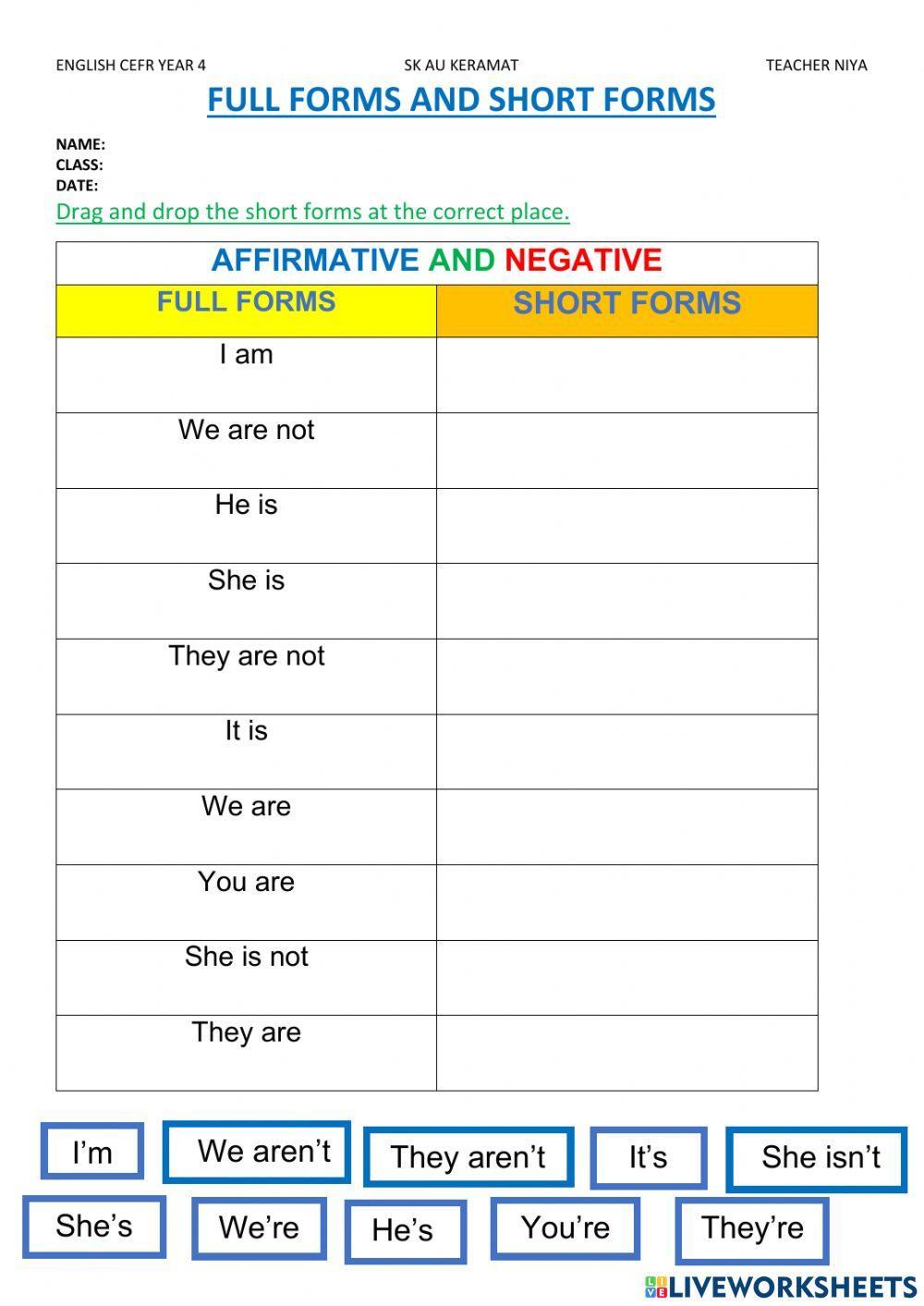 Full forms and short forms interactive worksheet