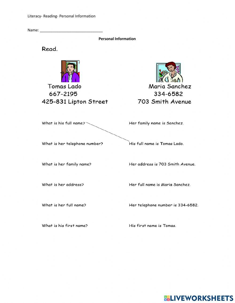 Personal Information online exercise for 2 | Live Worksheets