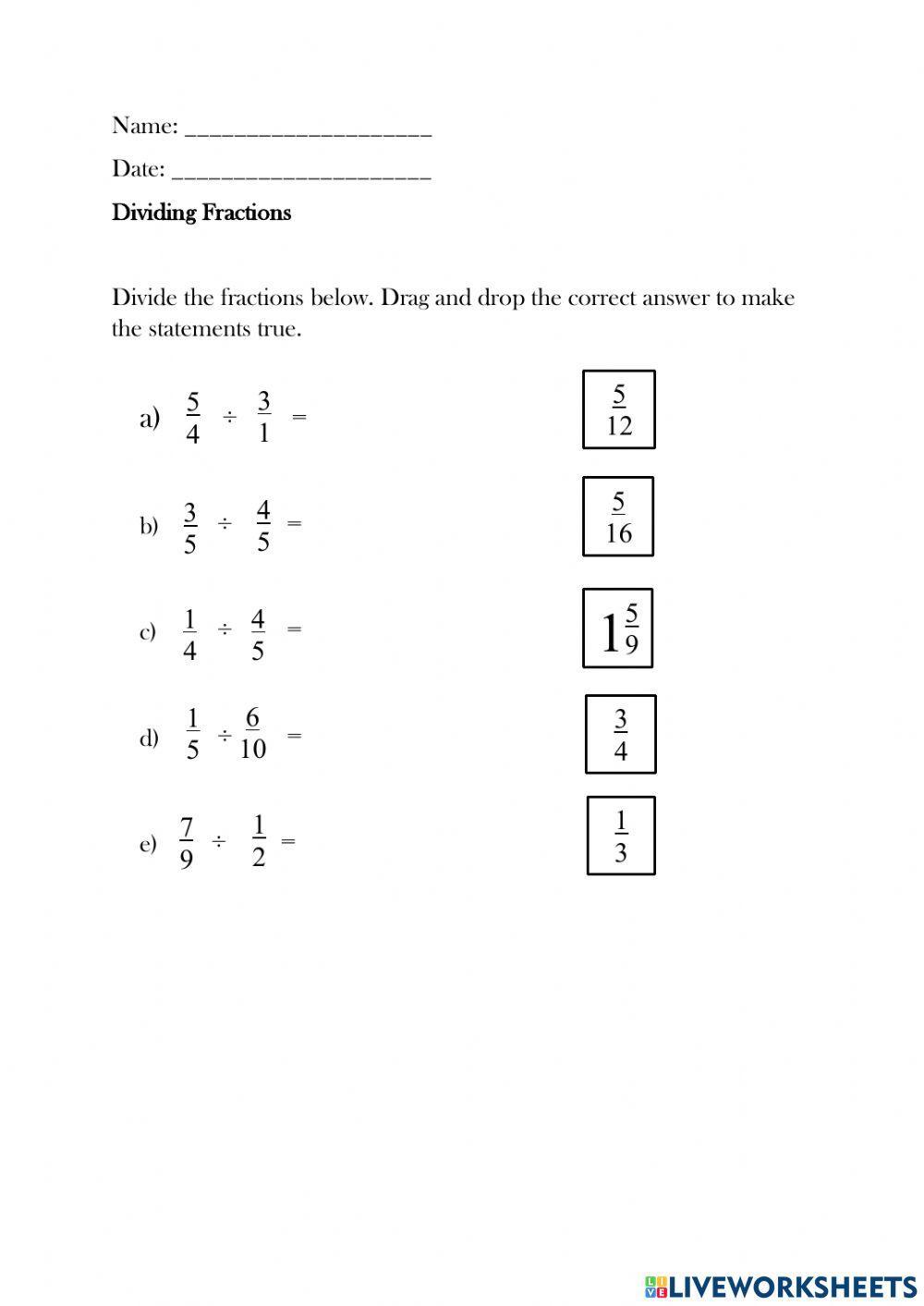 Dividing Fractions interactive activity Live Worksheets
