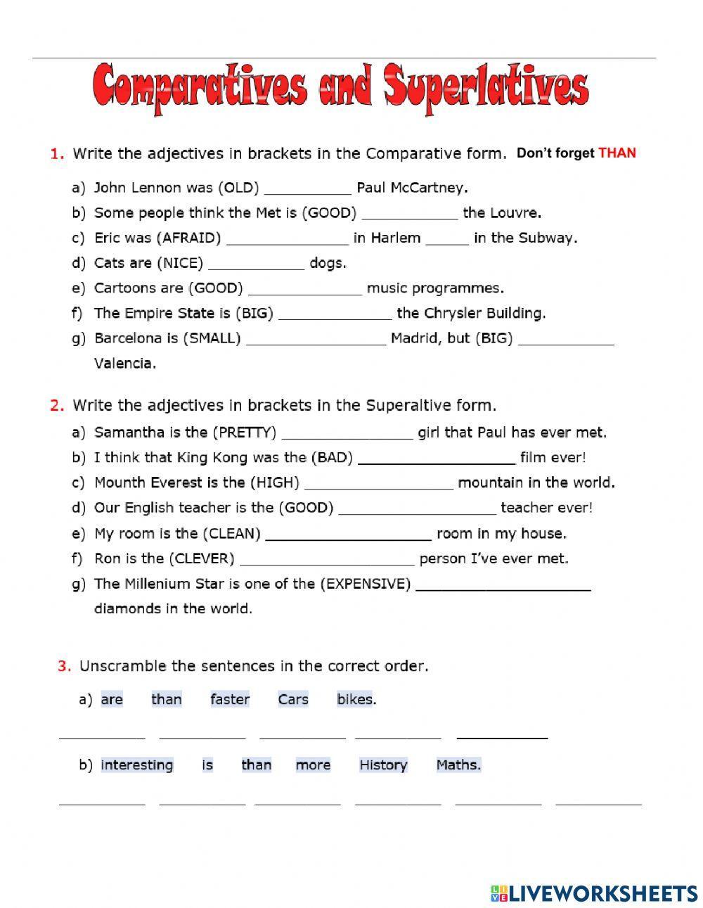 Comparatives superlatives online exercise for 3rd Live Worksheets