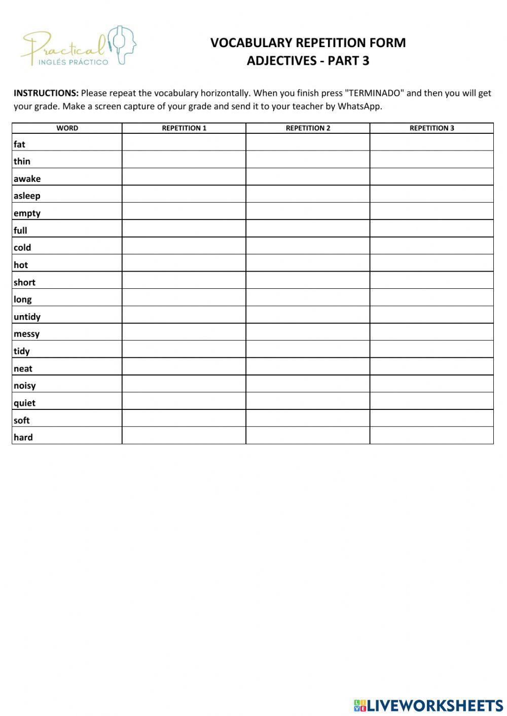 Vocabulary repetition form - adjectives - part 3