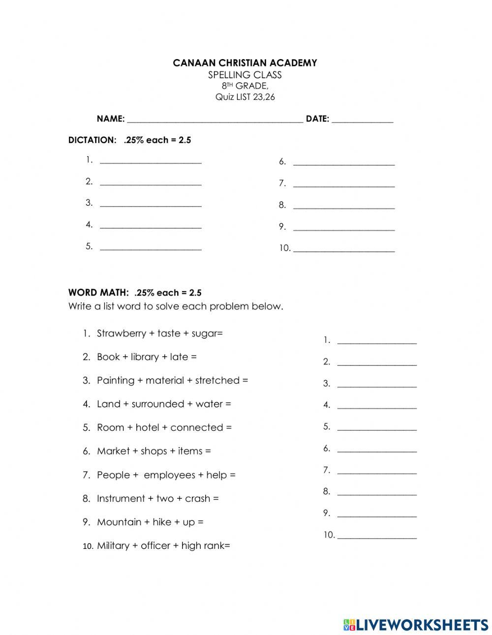 Spelling quiz online exercise for 8th live worksheets