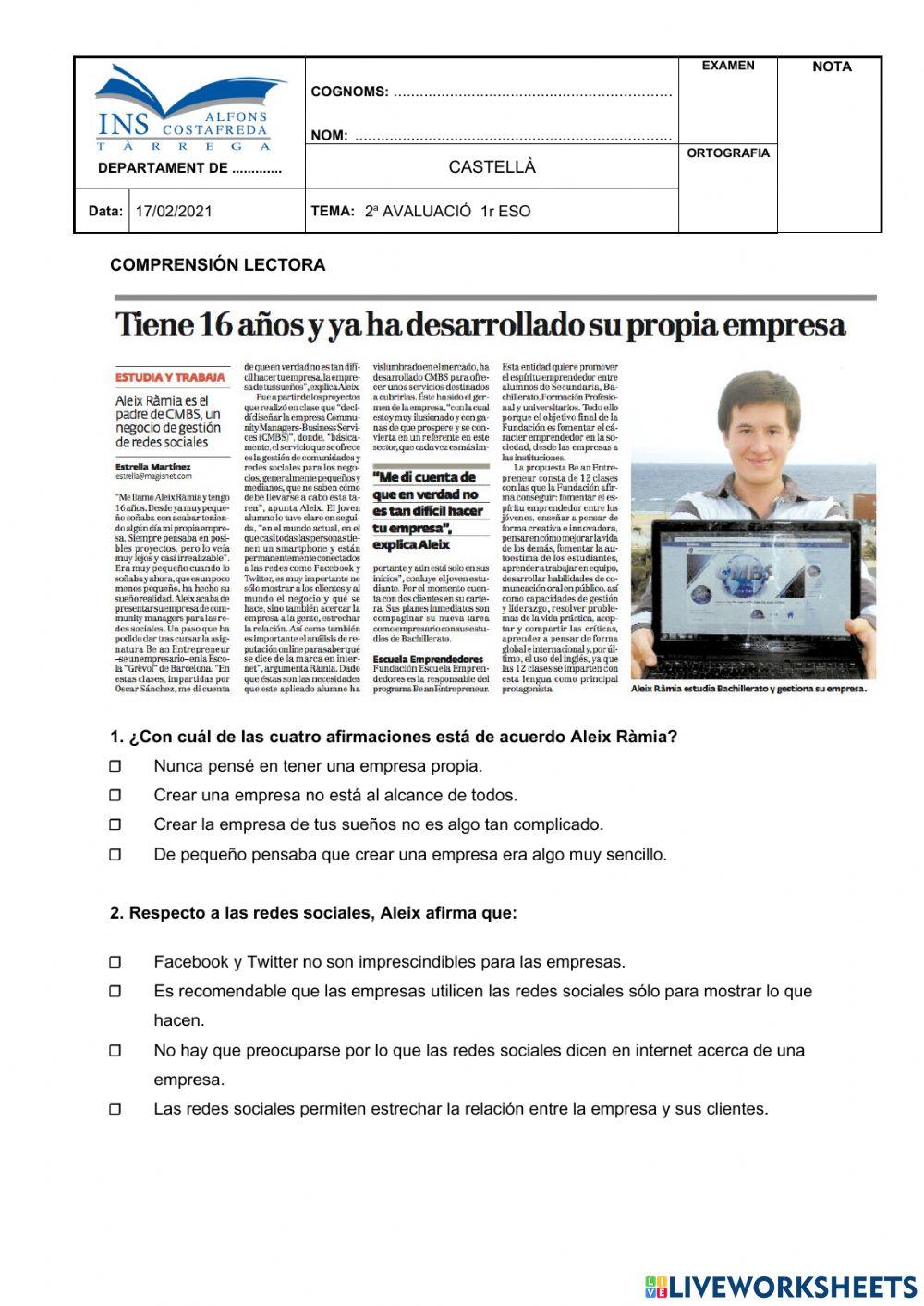 2aEVALUACIÓ CASTELLÀ 1C