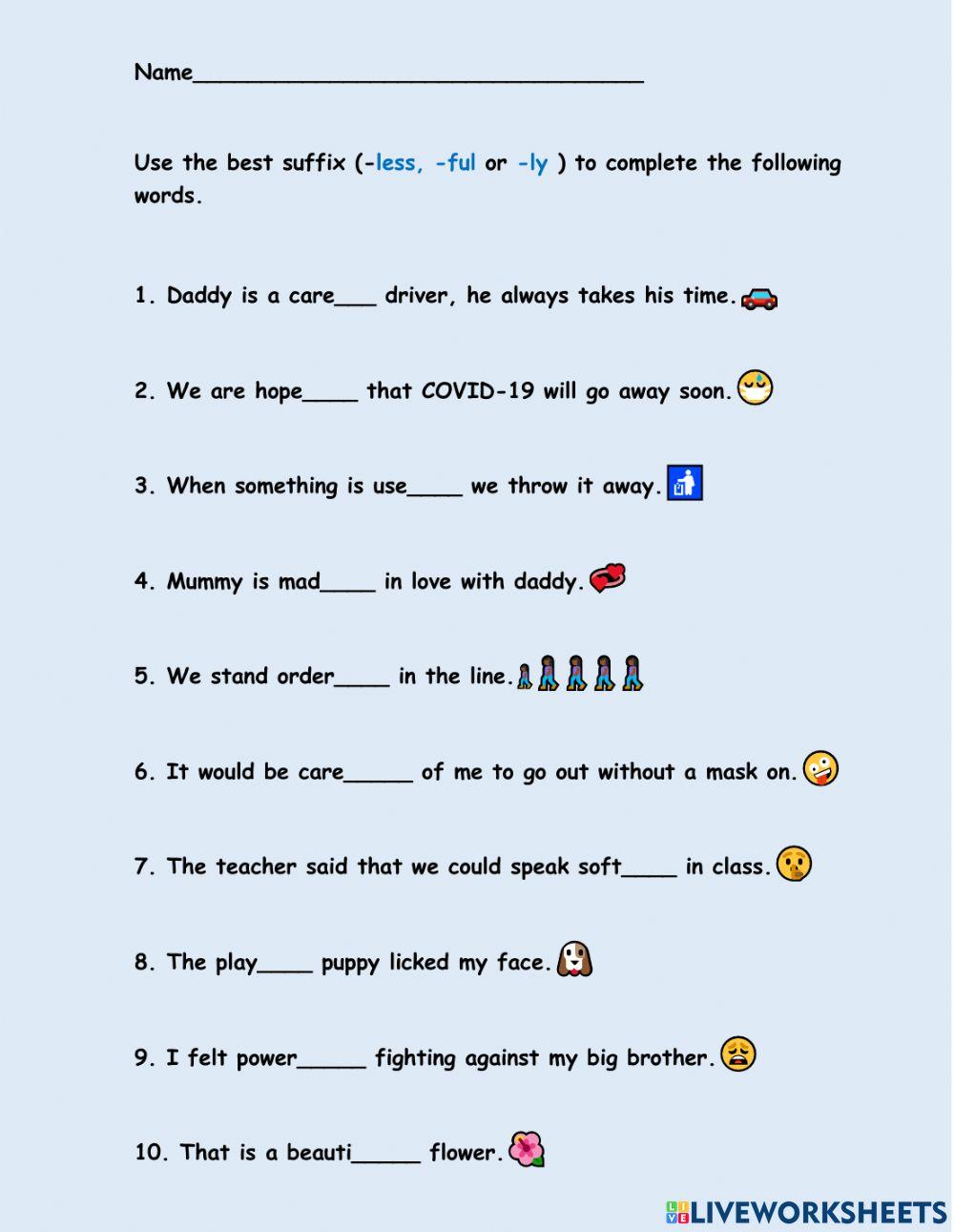 Vocabulary Suffixes -ly, -less and -ful