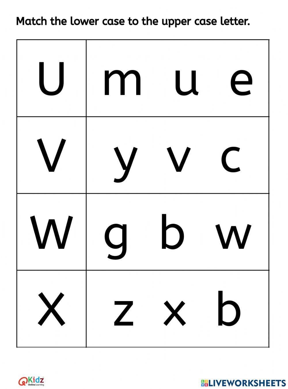 Match the Letters U V W X Y Z - Lower case to the Upper case