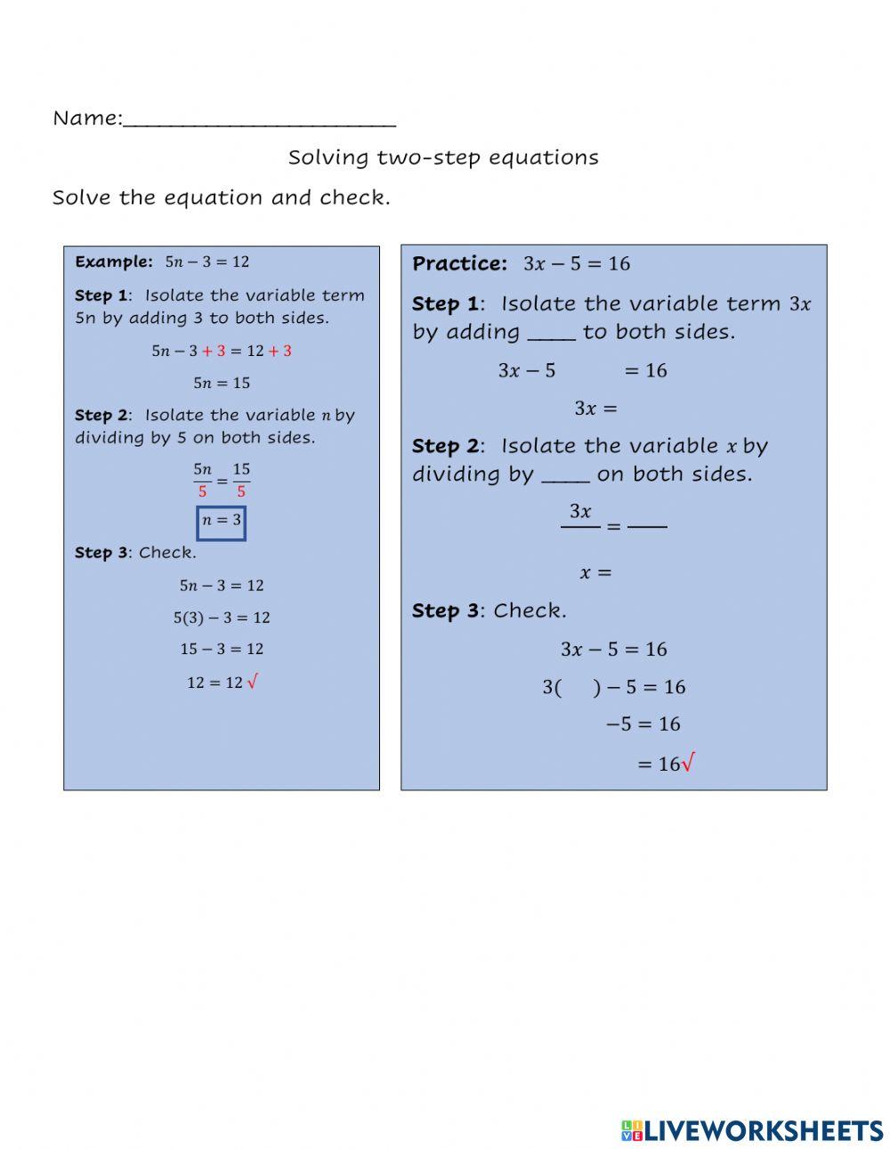 Solving two step equations