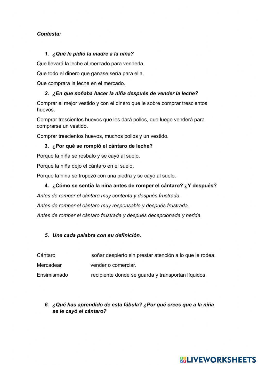 Lectura de la fábula- La lechera-