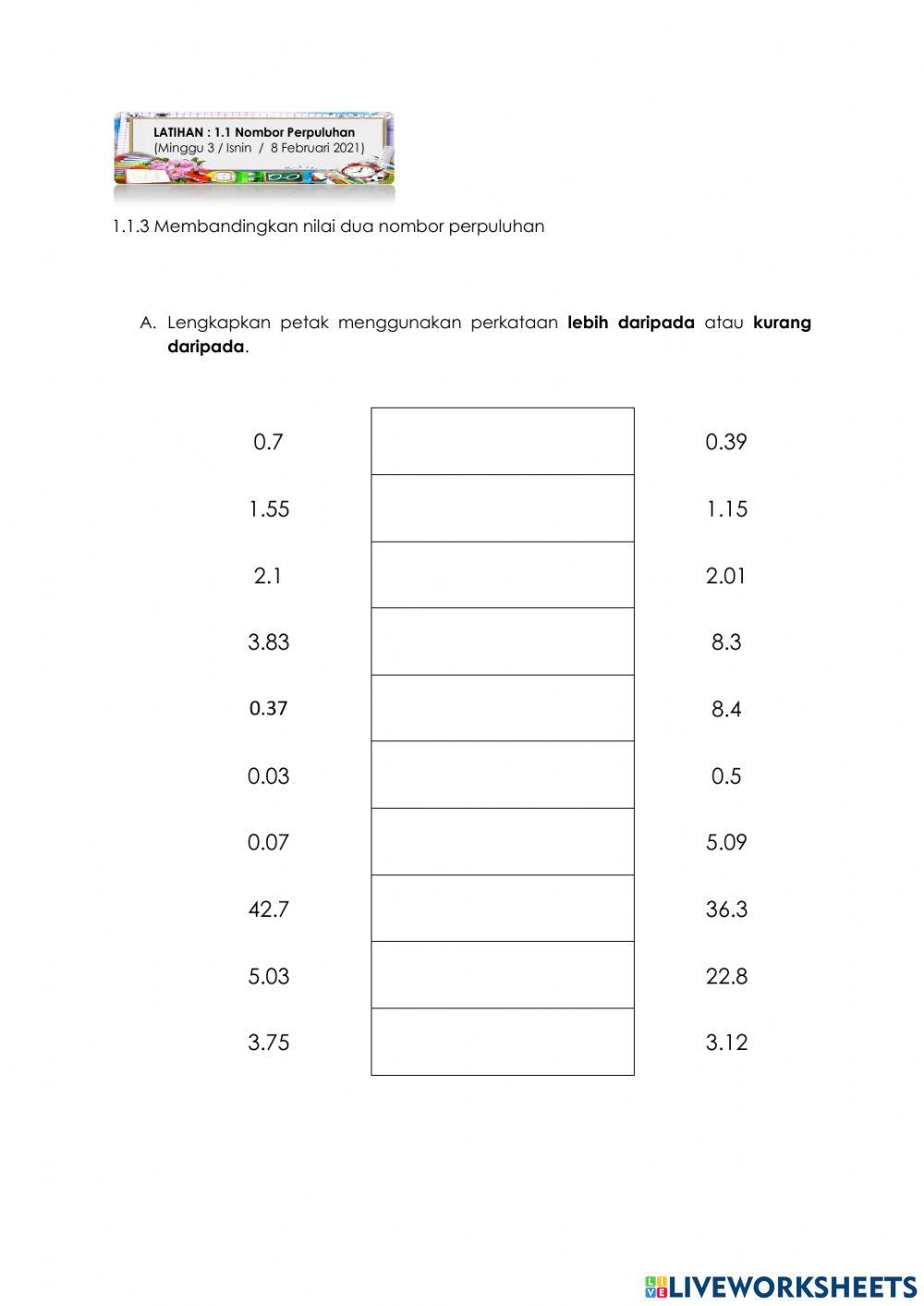 Nombor Perpuluhan : Perbandingan Nombor
