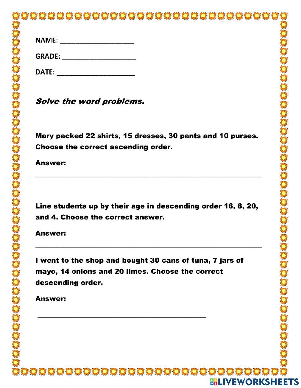 Ascending and Descending Word Problems