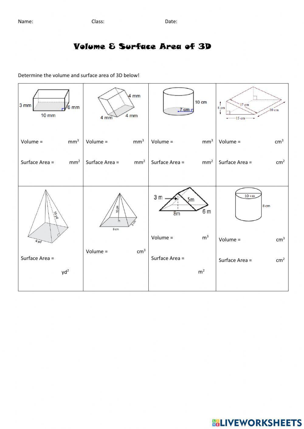 Volume and Surface Area of 3D Shapes worksheet | Live Worksheets volume-and-surface-area-of-3d-shapes-worksheet-live-worksheets
